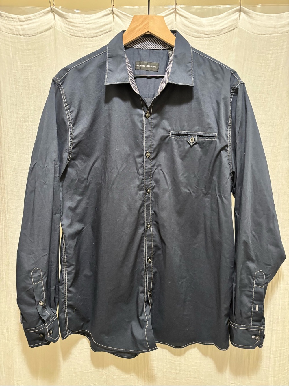Michael Brandon Long-sleeve Navy Button-up Shirt Contrast Stitching.Size L